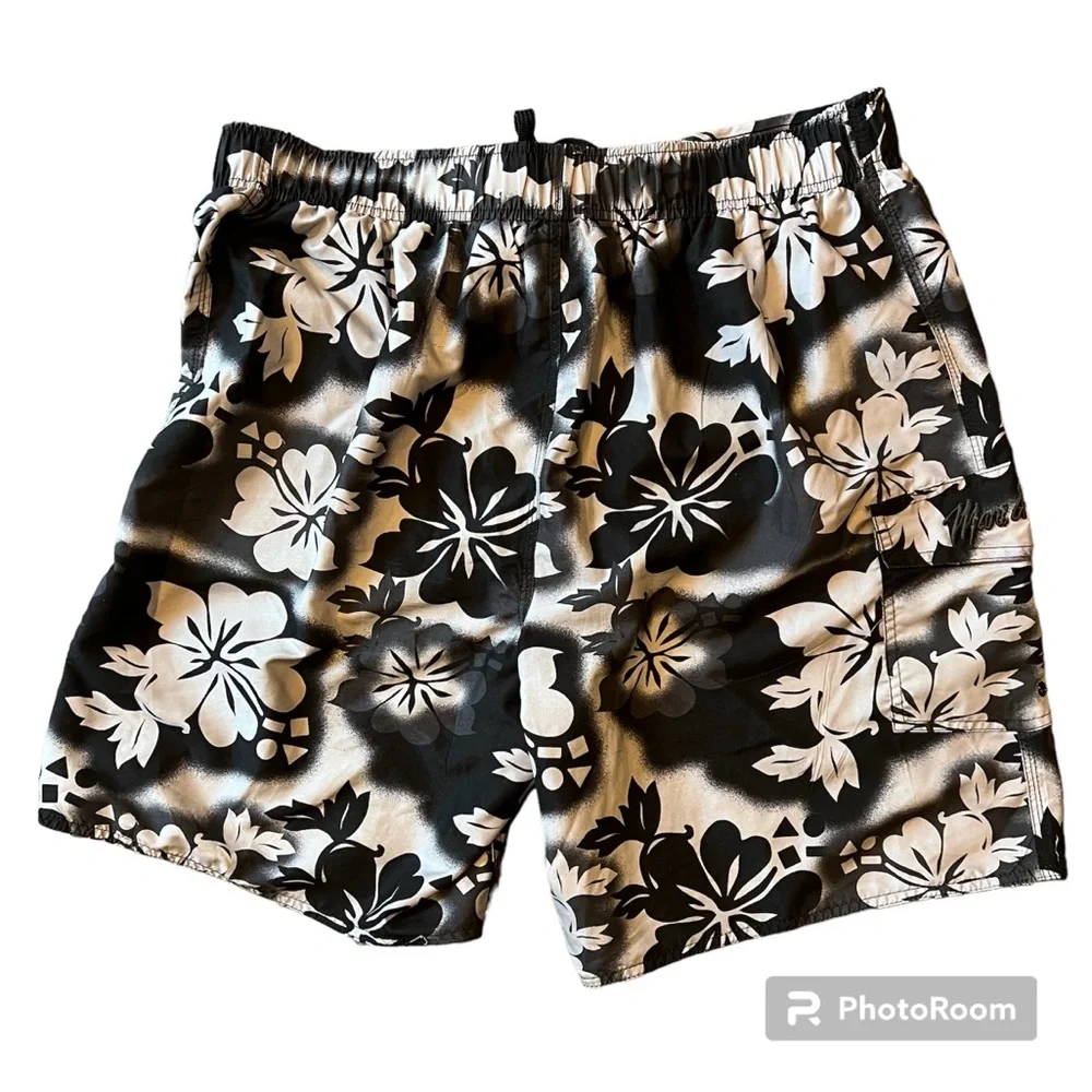 Maui And Sons Board Shorts Tropical Print Men's Large Black &‎ Gray Mesh Lined